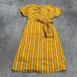 &. Layered Tie Waist Midi Dress Womens Small Yellow White Striped Short Sleeve